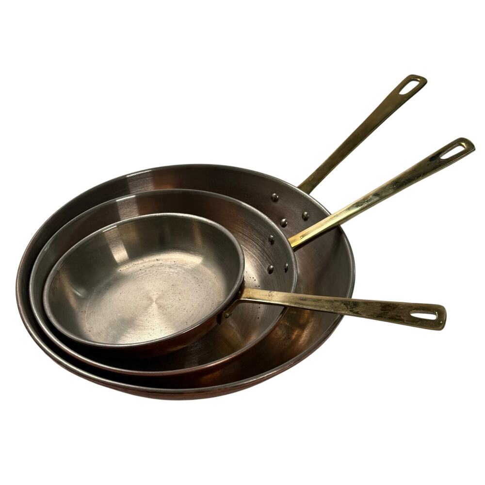 Vintage French Style Copper Skillets Pans Stainless Lined Brass Handle LOT of 3